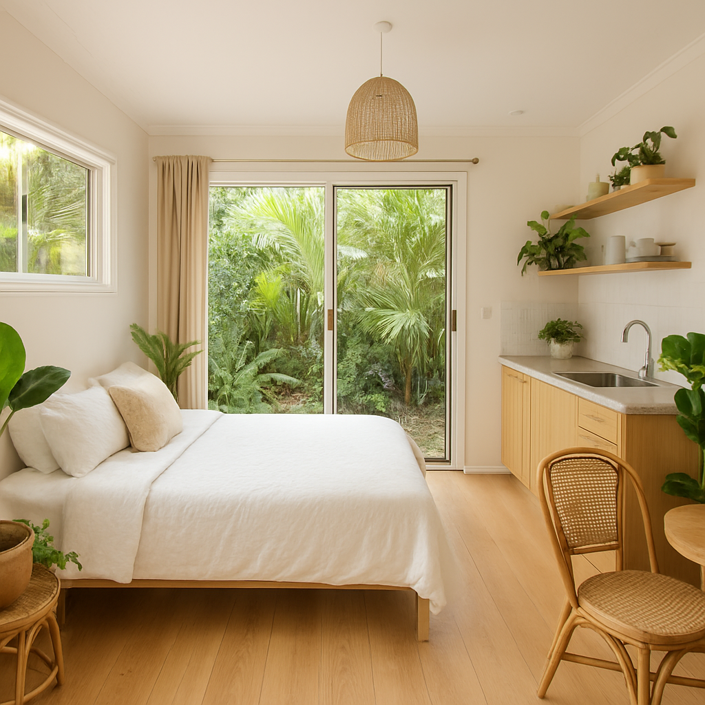 Cosy self-contained garden studio interior with timber floors, white linen, and tropical plants