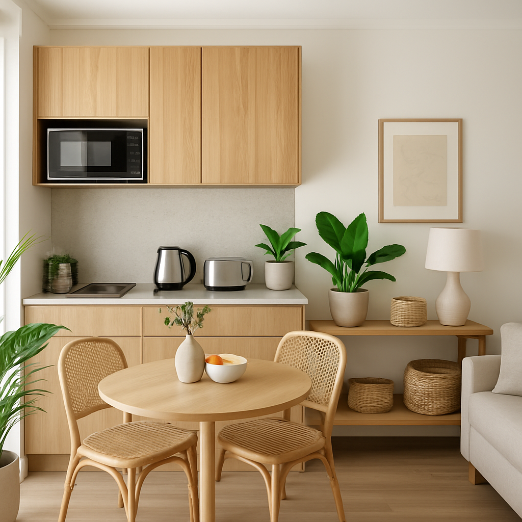 Self-contained kitchenette and living area inside the Garden Studio Haven