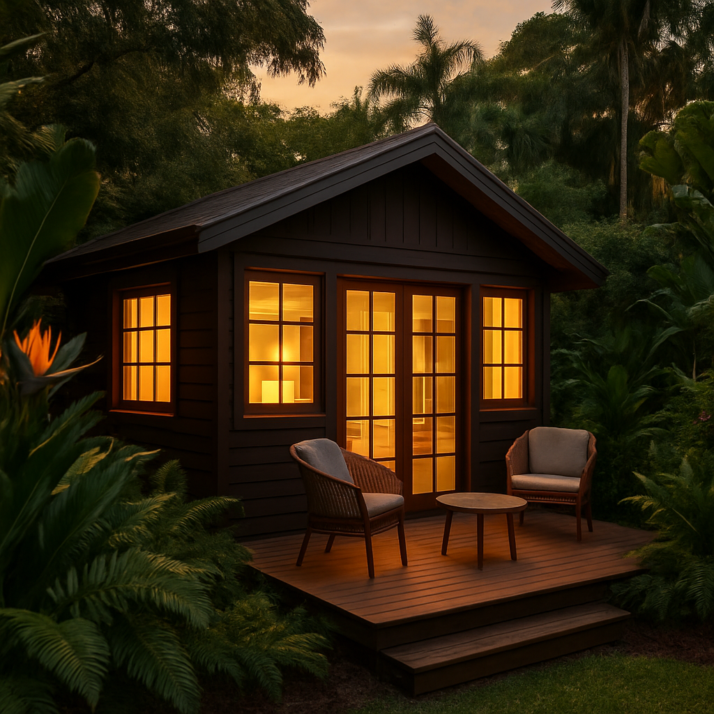 Garden Studio Haven exterior at dusk with warm lights glowing through timber-framed windows